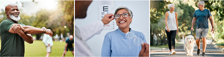 image reel. first image: a person streching. second image: a person getting new glasses. third image: 2 people walking a dog.