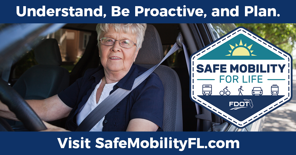 Six banners titled Understand, Be Proactive, and Plan, promoting SafeMobilityFL.com. The banners show older adults engaging in everyday transportation activities. Banner 1: Older woman driving a car while wearing a seat belt, representing safe and independent driving. Banner 2: Older adult wearing a reflective jacket talking with a bicycle mechanic in a bike shop while standing next to a bicycle. Banner 3: Two older women walking together in a park and smiling, representing walking as a healthy mobility option. Banner 4: Two older adults seated on public transportation, looking at their phones and pointing out the window while riding. Banner 5: Two older women traveling together, one walking and the other walking a bicycle while wearing a helmet. Banner 6: Older woman boarding a green public transit vehicle at a bus stop while an older man waits nearby holding a paper.
