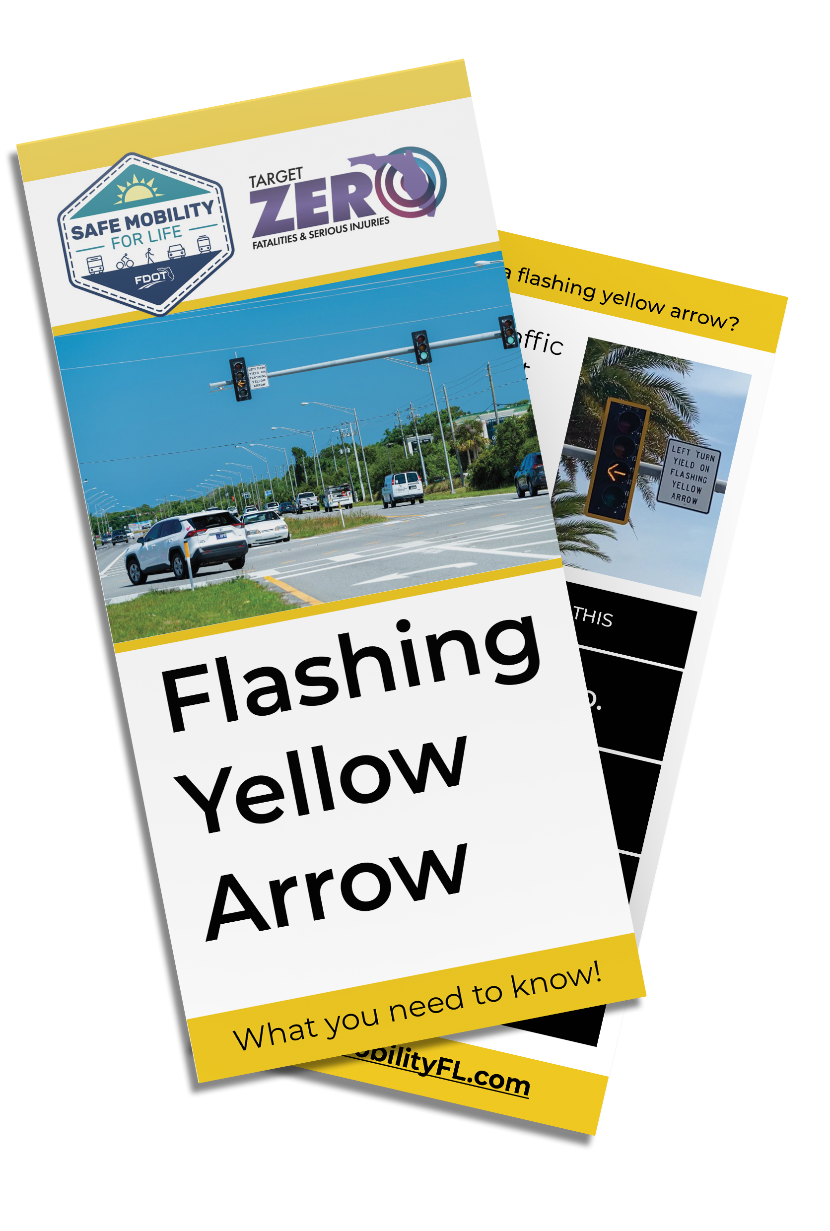 This tip card educates drivers on what to do when coming across a flashing yellow arrow.