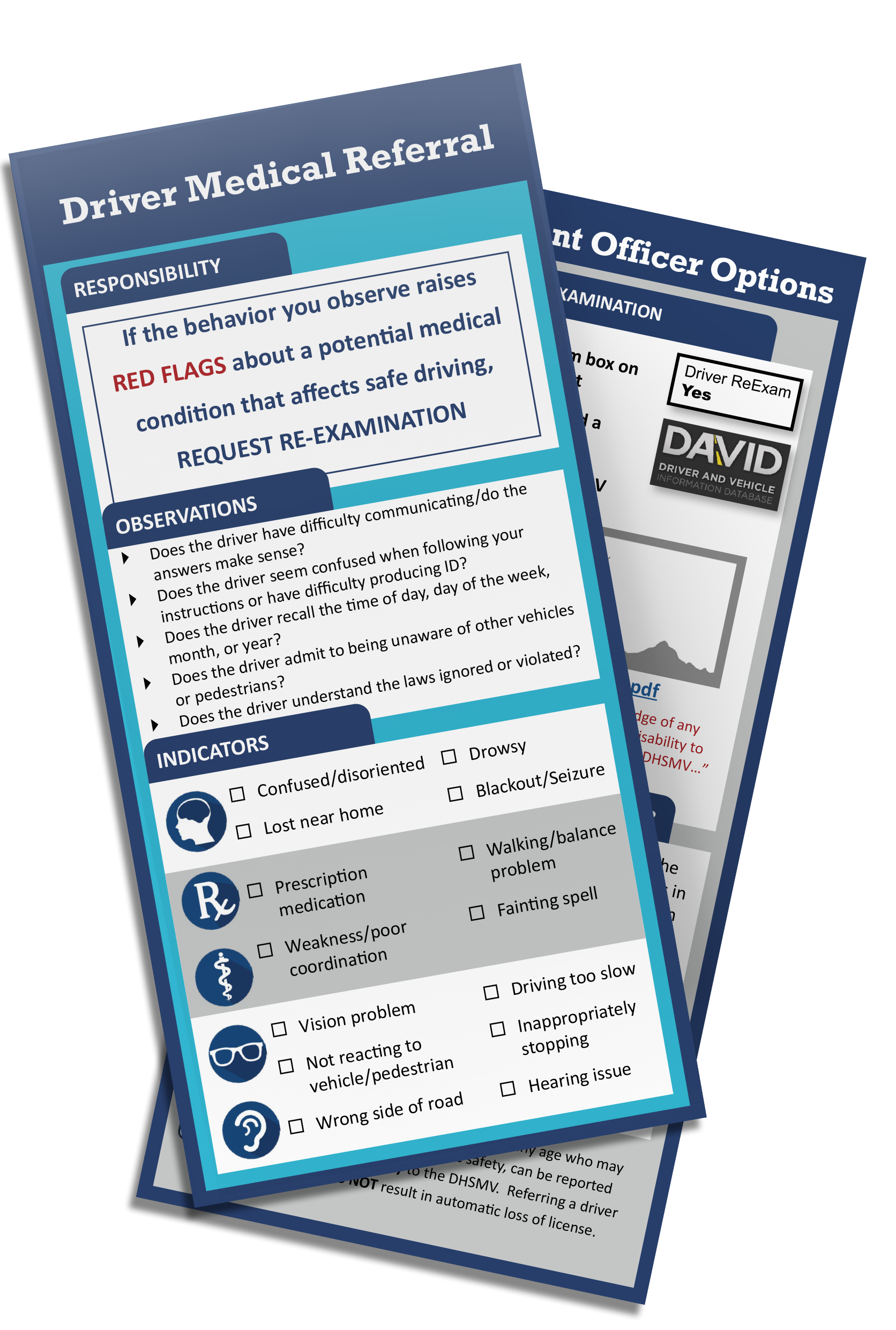 This visor card for law enforcement officers is intended to be kept in patrol vehicles. It provides recommendations on how to assist an aging at-risk driver whose ability to safely operate a motor vehicle may be impaired.